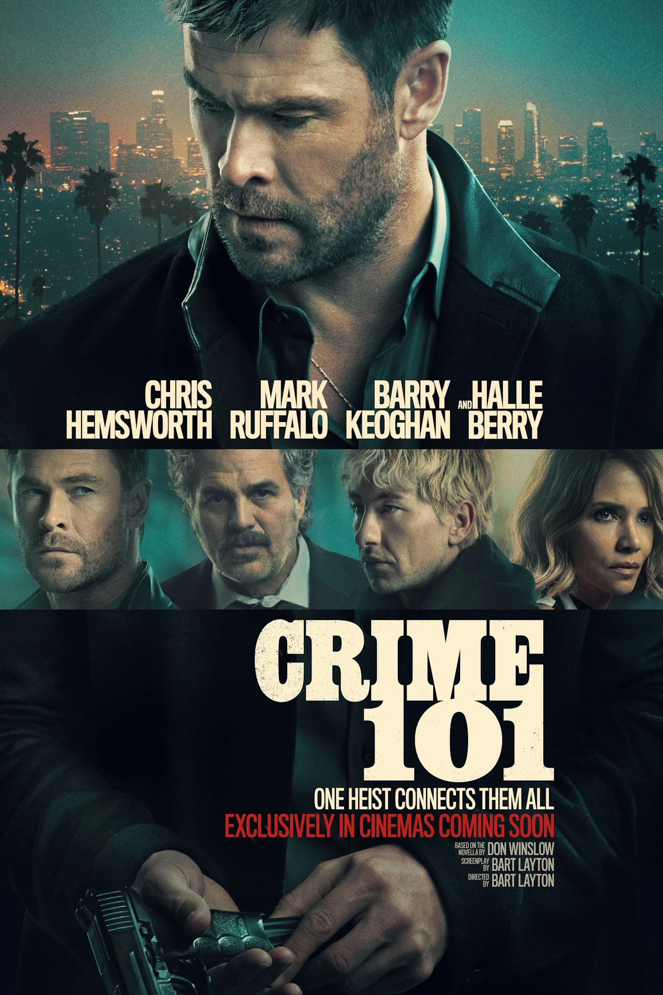 The image is a movie poster for "Crime 101," featuring actors and highlighting a heist theme, coming soon to cinemas.