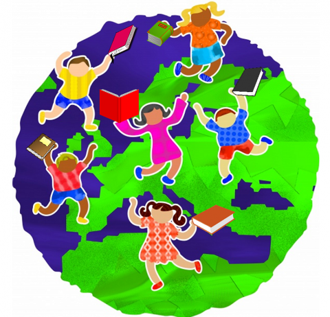 Children joyfully holding books, dancing around a stylized globe.