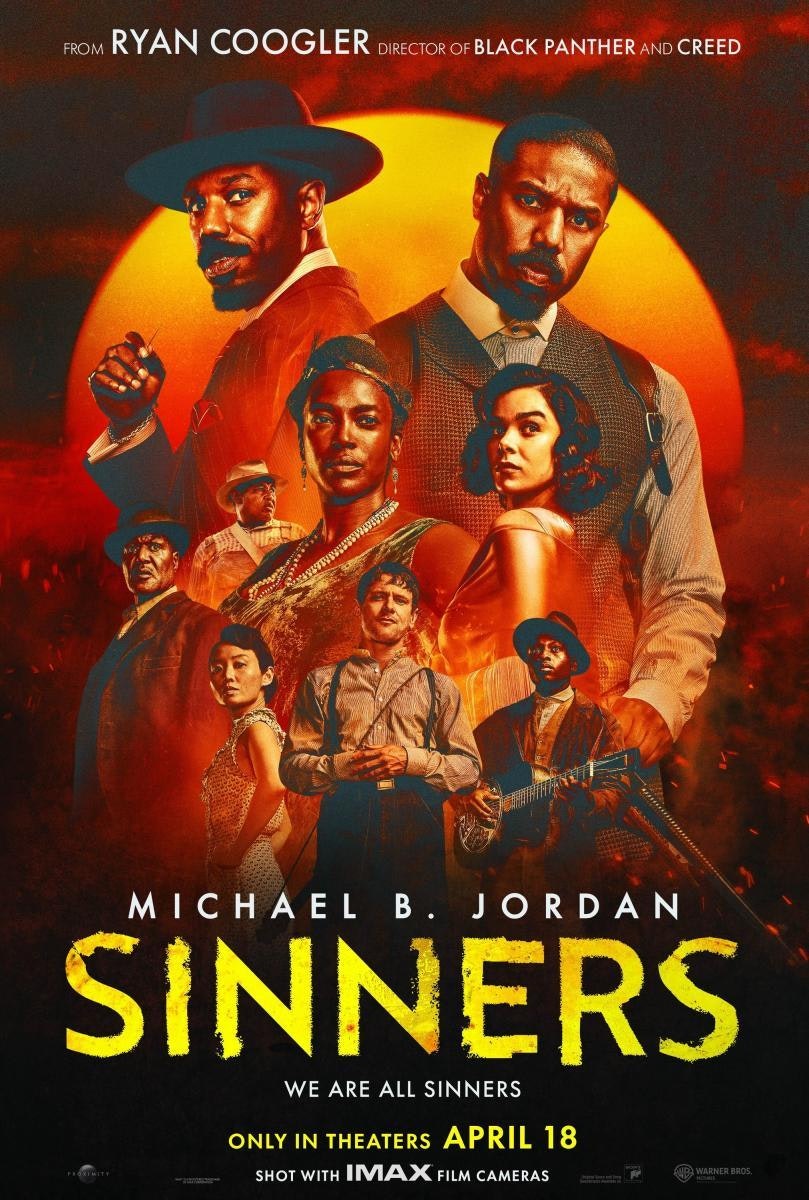 Poster for a movie titled "Sinners" with various characters, featuring Michael B. Jordan. Directed by Ryan Coogler.