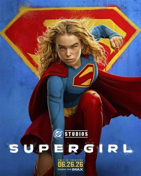 The image features a character in a superhero costume, labeled "Supergirl," with a promotional release date for a film.