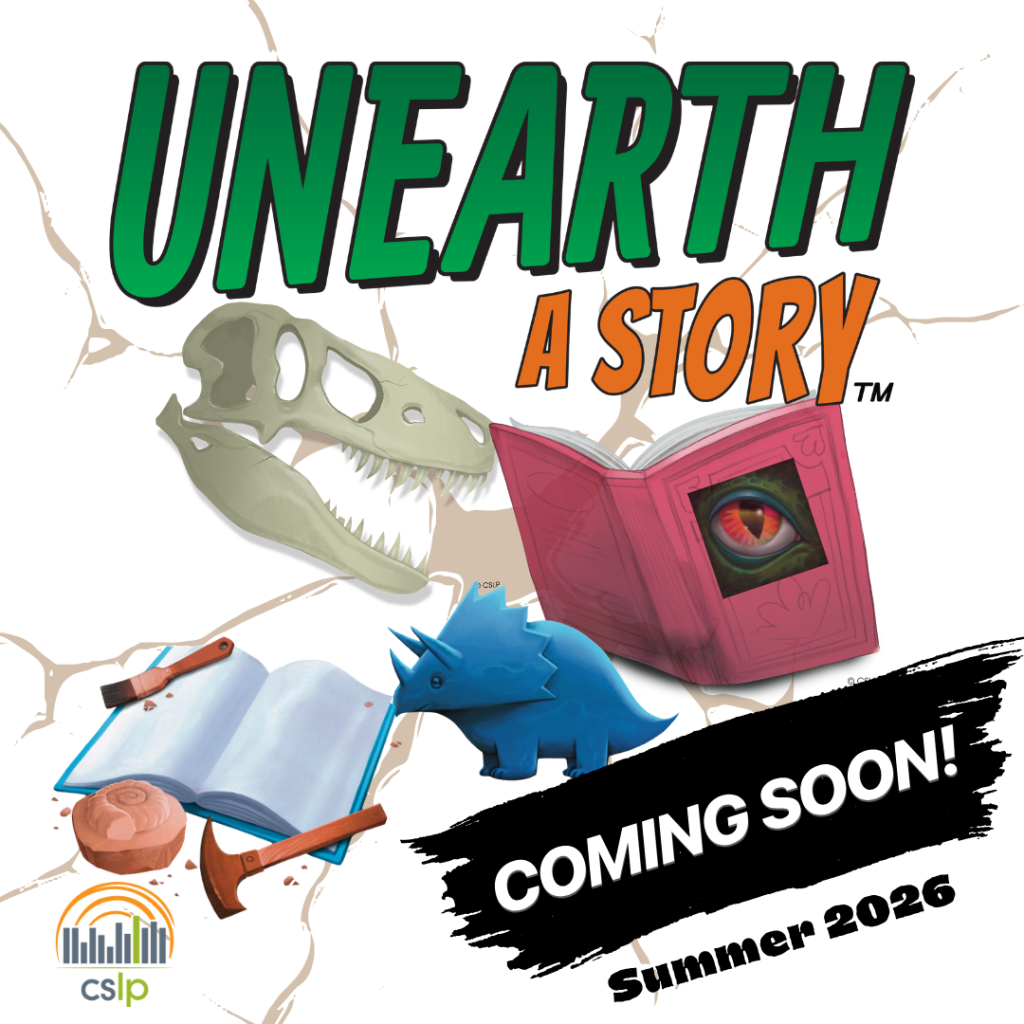 The image promotes "Unearth a Story," a summer 2026 event featuring dinosaurs and storytelling elements.