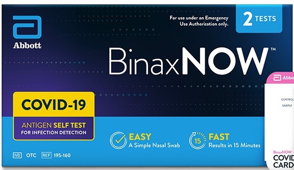 BinaxNOW COVID-19 antigen self-test kit box by Abbott, includes 2 tests, offers easy nasal swab with 15-minute results.