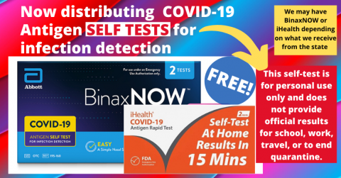 COVID-19 antigen self-test distribution notice featuring BinaxNOW and iHealth test kits, marked as free and for personal use only.