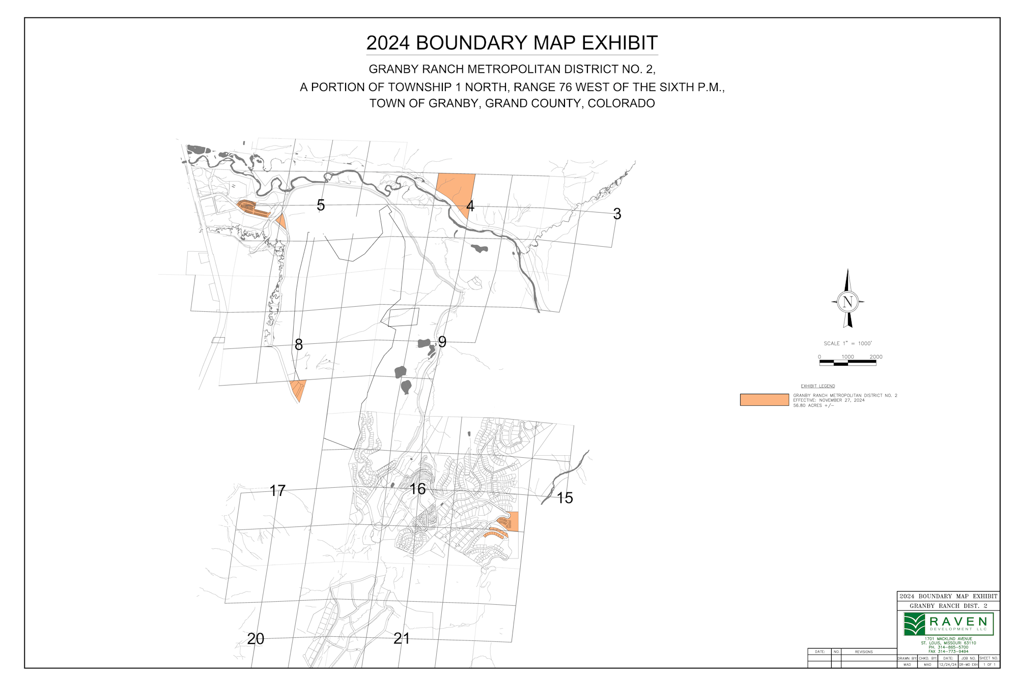 2024 boundary map of Granby Ranch Metropolitan District No. 2, Granby, Colorado, showing sections and highlighted areas.