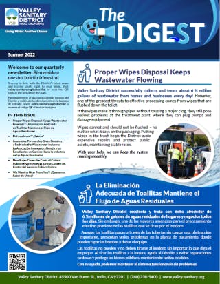 Newsletter cover for "The Digest" by Valley Sanitary District, focusing on proper wipes disposal to maintain wastewater flow.