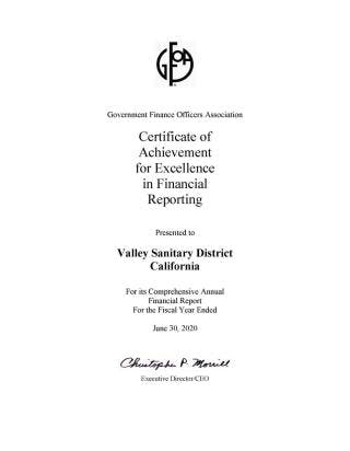 Certificate for Excellence in Financial Reporting awarded to Valley Sanitary District by the Government Finance Officers Association.