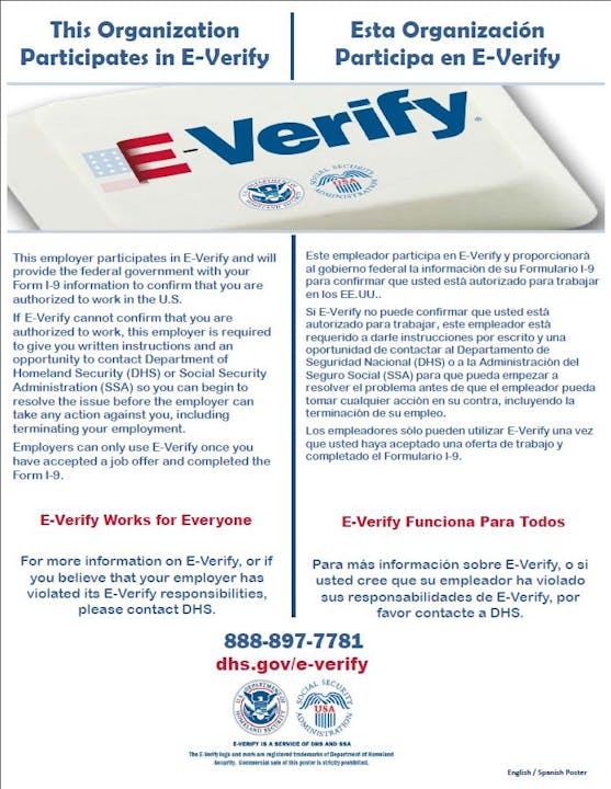 E-Verify participation notice in English and Spanish, with contact info for the DHS.