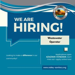 Hiring ad for a Wastewater Operator. Apply at www.valley-sanitary.org from 6/24/2025 to 7/18/2025.