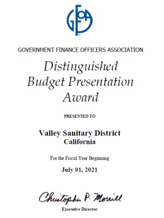 Award from Government Finance Officers Association to Valley Sanitary District for budget presentation, fiscal year from July 1, 2021.