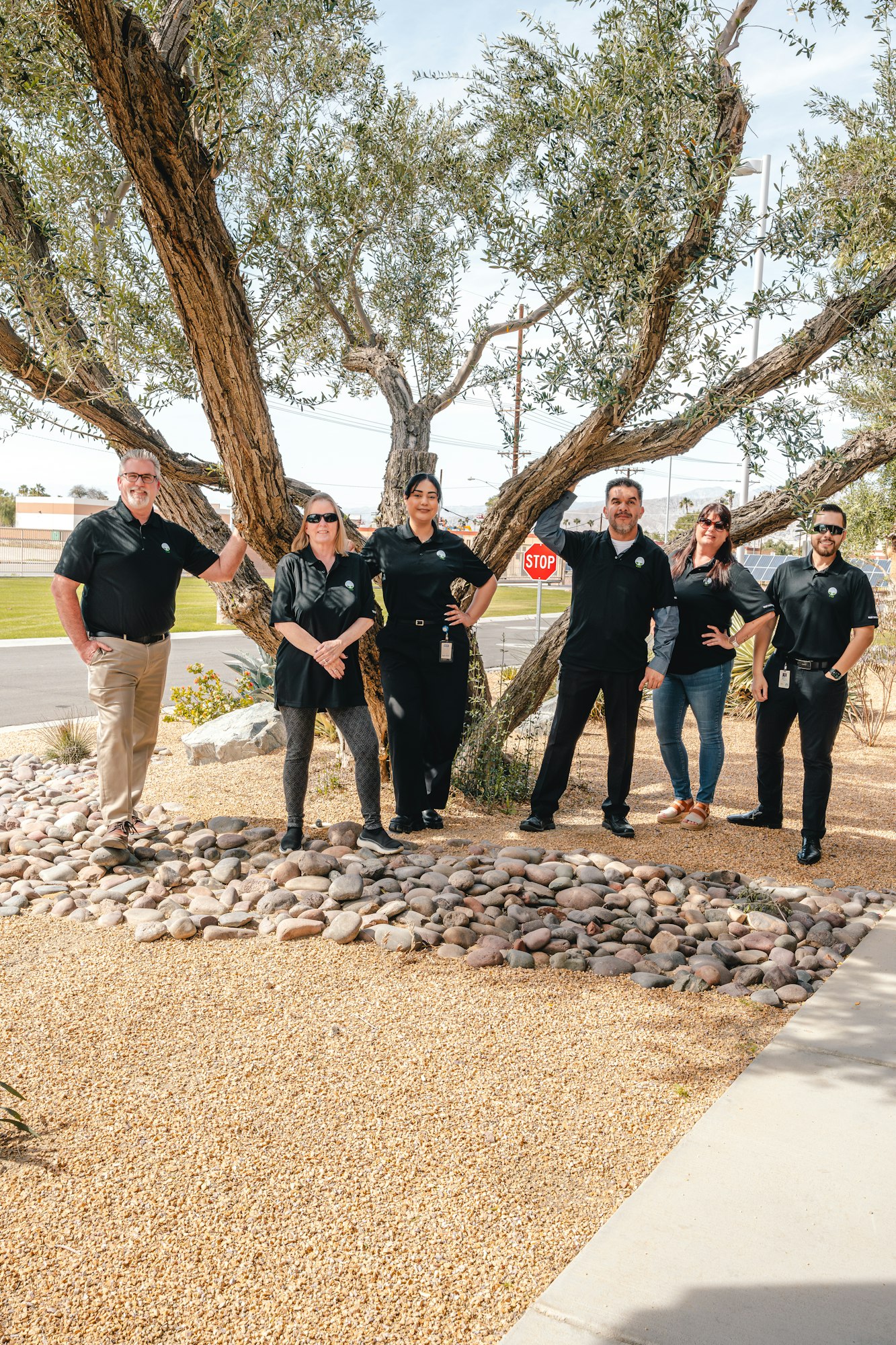Six people posing outdoors near a tree, wearing black shirts, on a pebbled and sandy ground with a stop sign in the background.