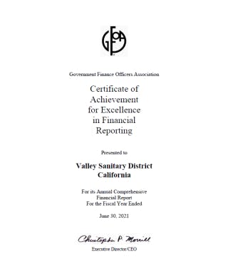 Certificate for Excellence in Financial Reporting awarded to Valley Sanitary District, California, dated June 30, 2021.