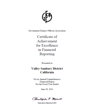 Certificate for Excellence in Financial Reporting awarded to Valley Sanitary District, California, dated June 30, 2021.