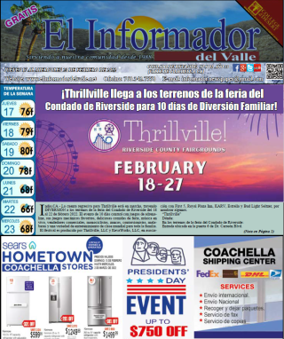 Newspaper with "El Informador del Valle" masthead, mentioning "Thrillville" event, ads for appliances, and local shipping services.