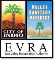 Logos of the City of Indio, Valley Sanitary District, and East Valley Reclamation Authority (EVRA) with a palm tree and landscape imagery.