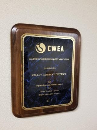 Plaque from California Water Environment Association awarding Valley Sanitary District for engineering in 2017.