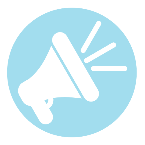 A white megaphone icon on a light blue circular background.
