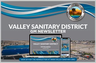 Valley Sanitary District GM Newsletter promo with images of devices and sign-up info at www.valley-sanitary.org.