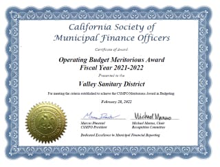 Certificate awarded by California Society of Municipal Finance Officers to Valley Sanitary District for the 2021-2022 budget.