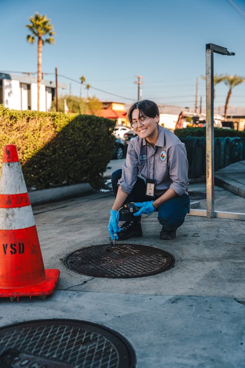 A person in work attire kneels by a manhole, smiling and inspecting it while wearing gloves and a badge, with palm trees in the background.
