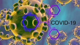 Coronavirus graphic with molecular structures and the text "COVID-19."