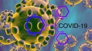 Coronavirus graphic with molecular structures and the text "COVID-19."