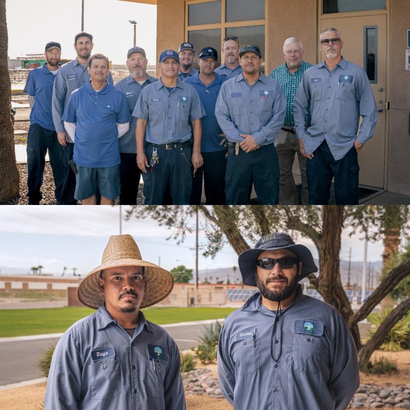 Two groups of workers in uniform, one outside a building, the other in a grassy area, wearing hats and sunglasses.