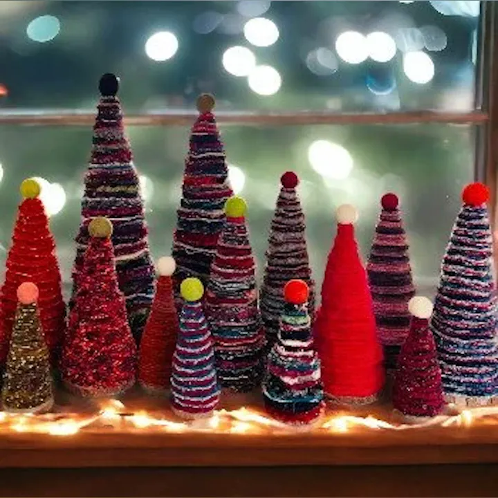 Colorful, yarn-wrapped cone trees with pom-poms on top, displayed on a windowsill with string lights.