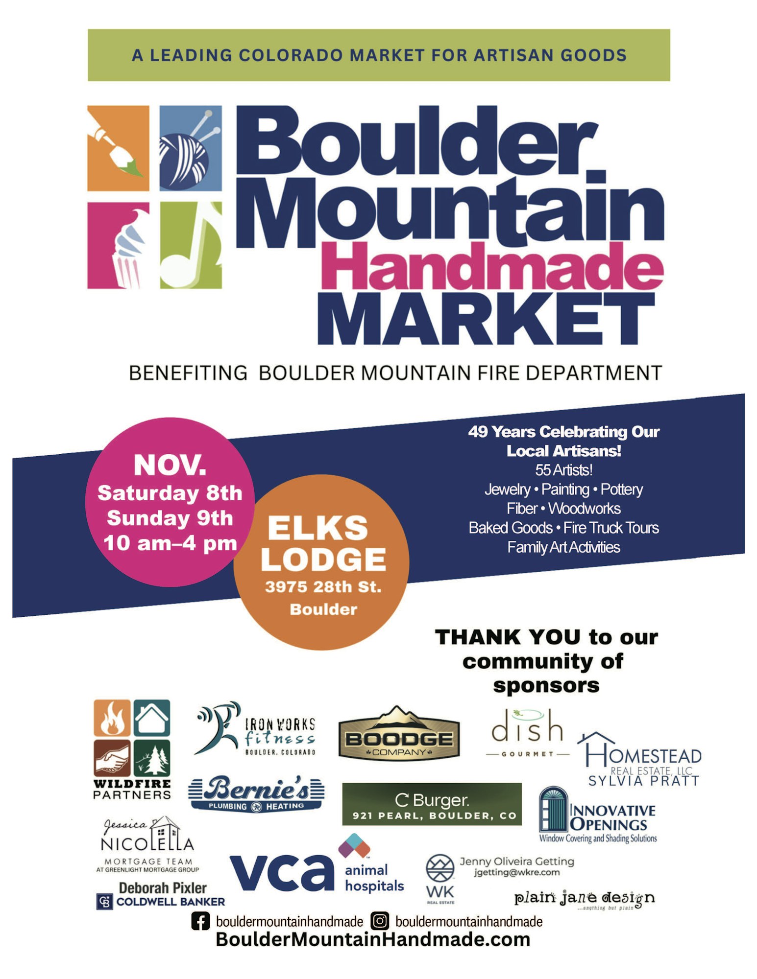 Boulder Mountain Handmade Market for artisan goods, Nov 8-9, Elks Lodge, Boulder. Benefits Fire Dept. Activities, sponsors listed.