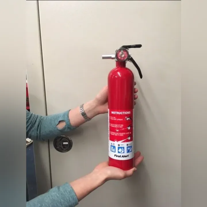 Person holding a red fire extinguisher with instructions on the label.