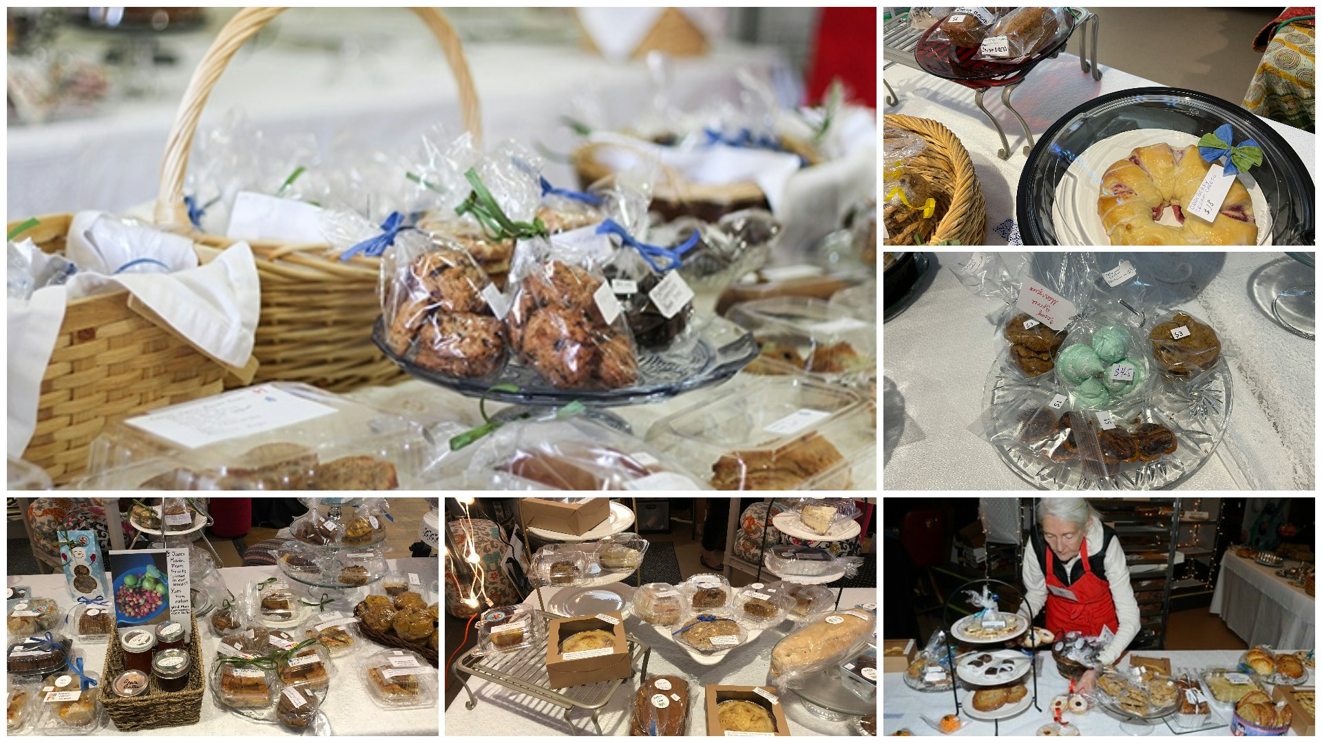A variety of baked goods displayed at a market, including cookies, cakes, and pastries, some wrapped in plastic or boxed.