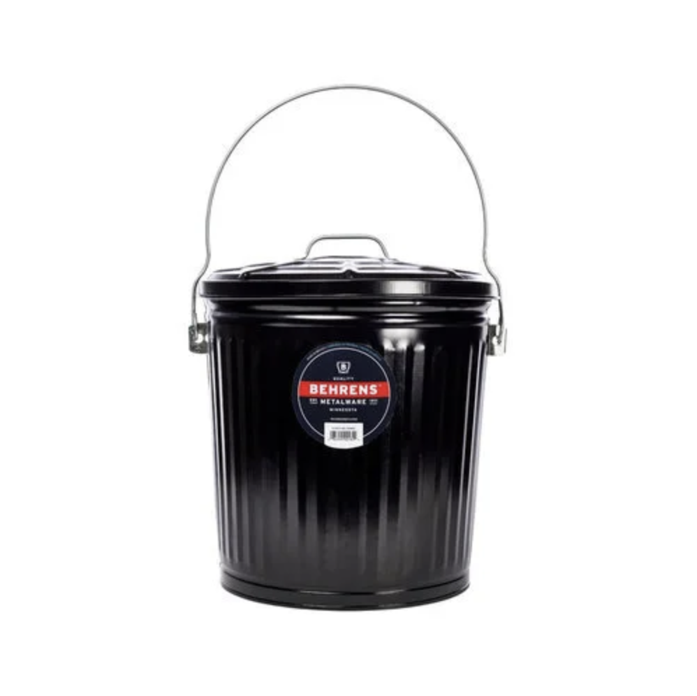 A black metal bucket with a lid and handle, labeled "BEHRENS Metalware."