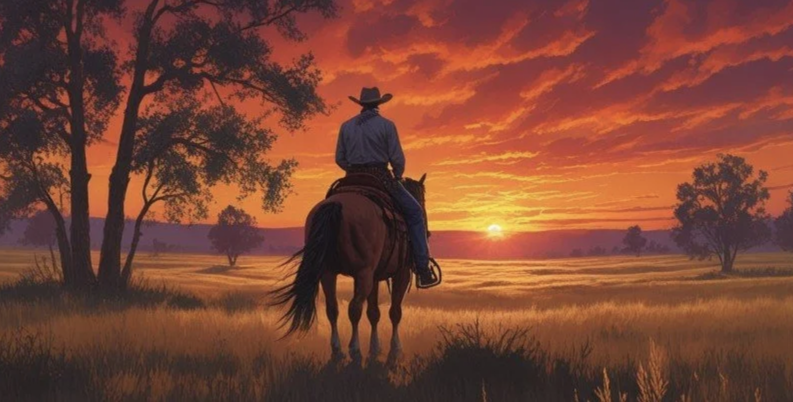 A cowboy on horseback gazes at a vibrant sunset over an open field with scattered trees.