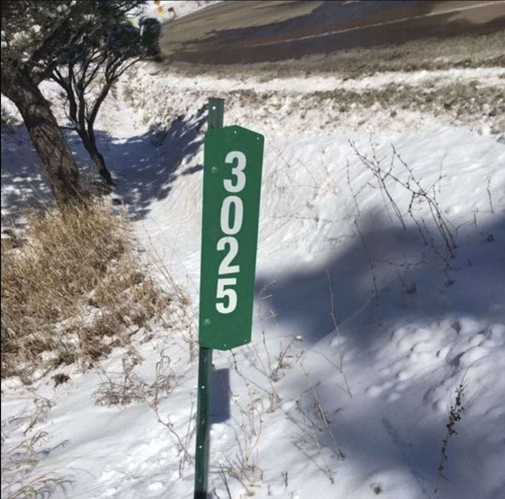 A green sign with the number "3025" in a snowy landscape by a road.