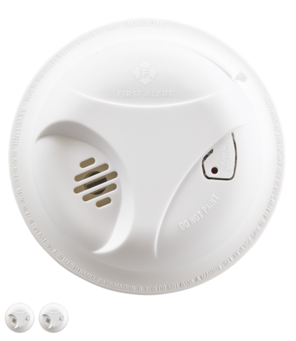 White First Alert smoke detector with "Do Not Paint" marking. Two smaller views also shown.