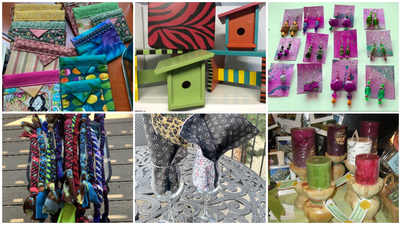 Colorful handmade crafts: fabric pouches, painted birdhouses, earrings, braided items, decorative glassware, and candles on stands.
