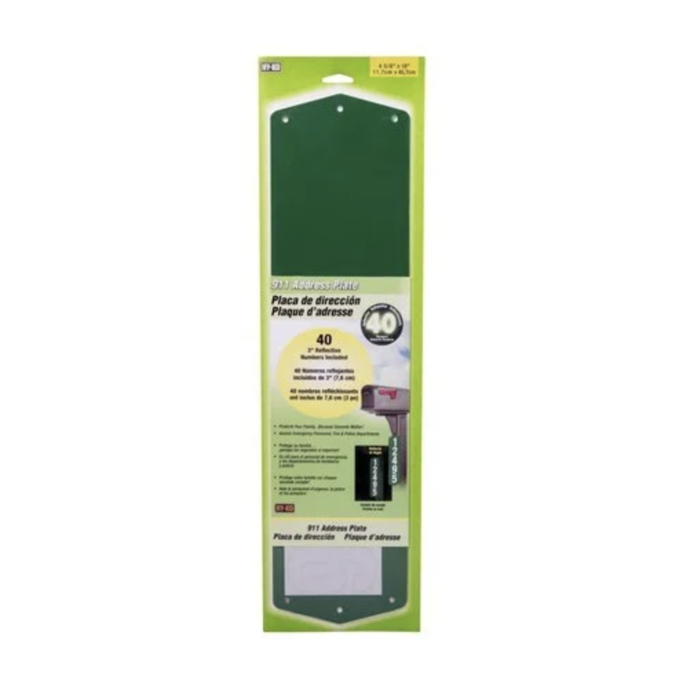 A green 911 address plate with reflective numbers, measuring 4.5" x 18" for easy visibility.