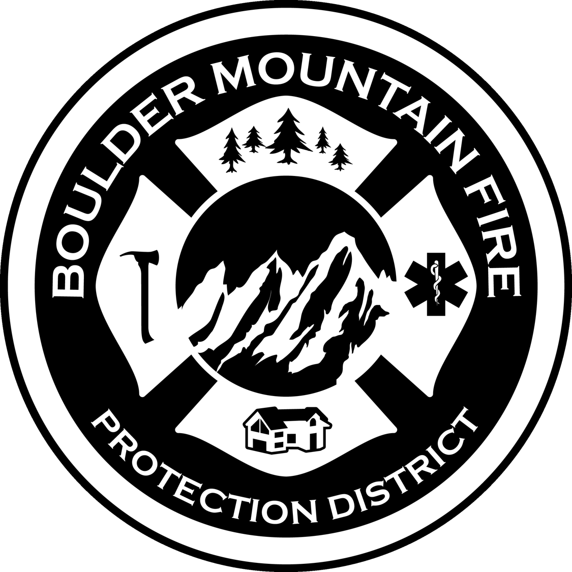 Boulder Mountain Fire Protection District emblem: mountains, trees, house, fire axe, and medical symbol in a circular design.