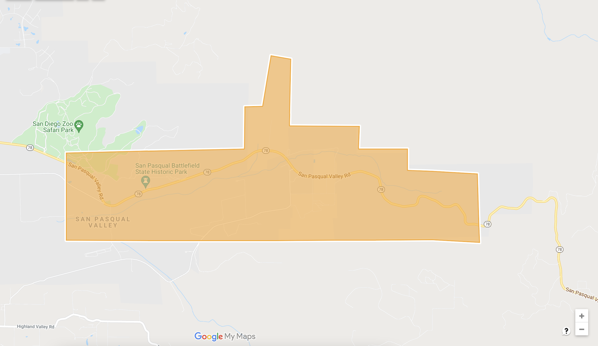 The image shows a map highlighting the San Pasqual Valley area, with surrounding landmarks and roads labeled.