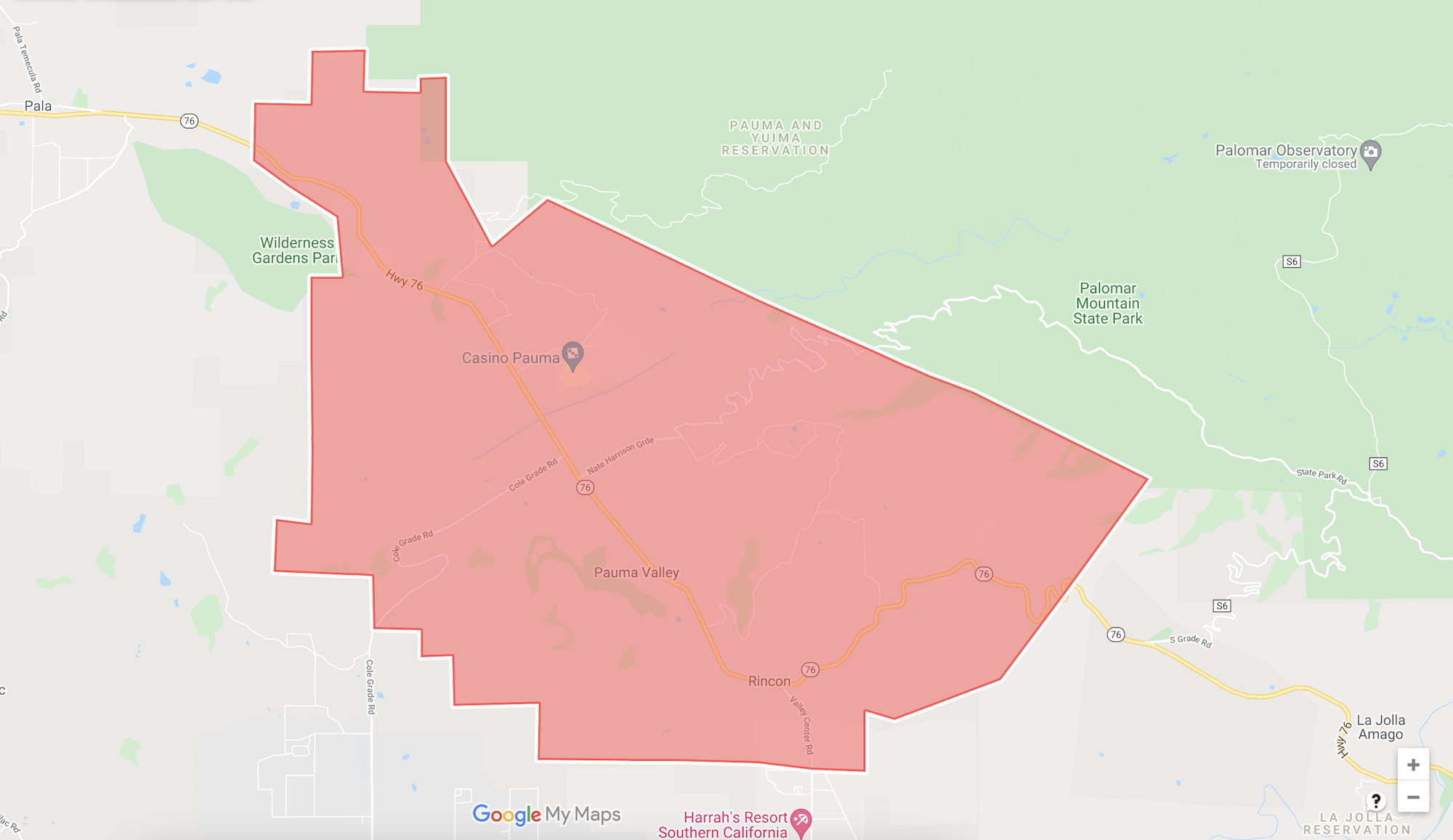 The image shows a map highlighting a region in Pauma Valley, California, near Palomar Mountain State Park.