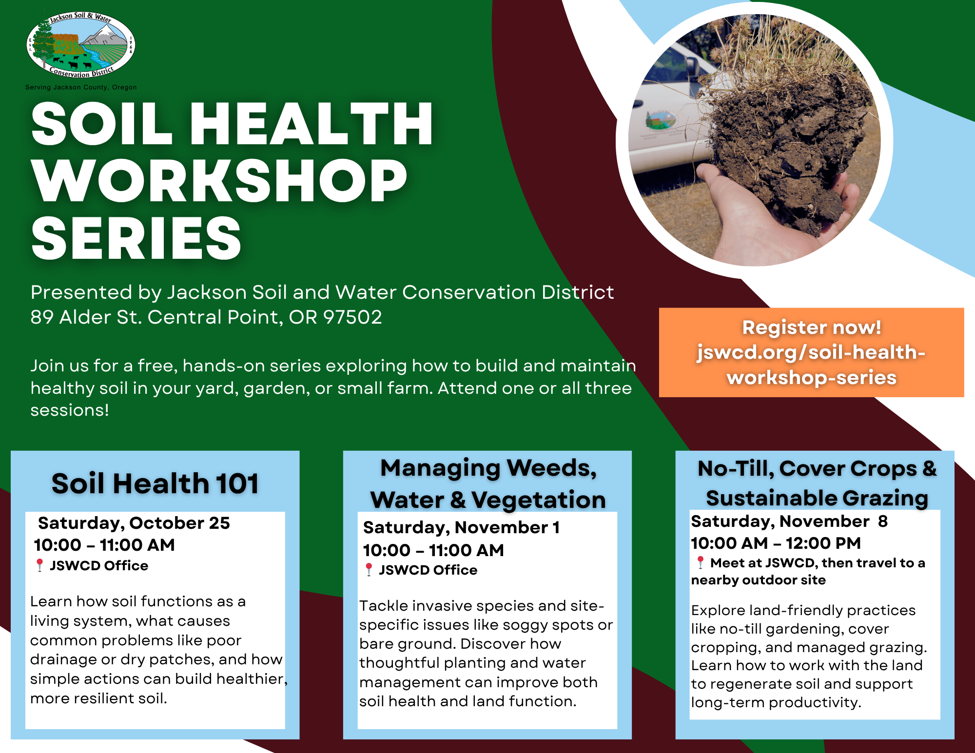 Soil Health Workshop Series by Jackson Soil and Water Conservation District with three sessions on soil, weeds, and sustainable grazing.