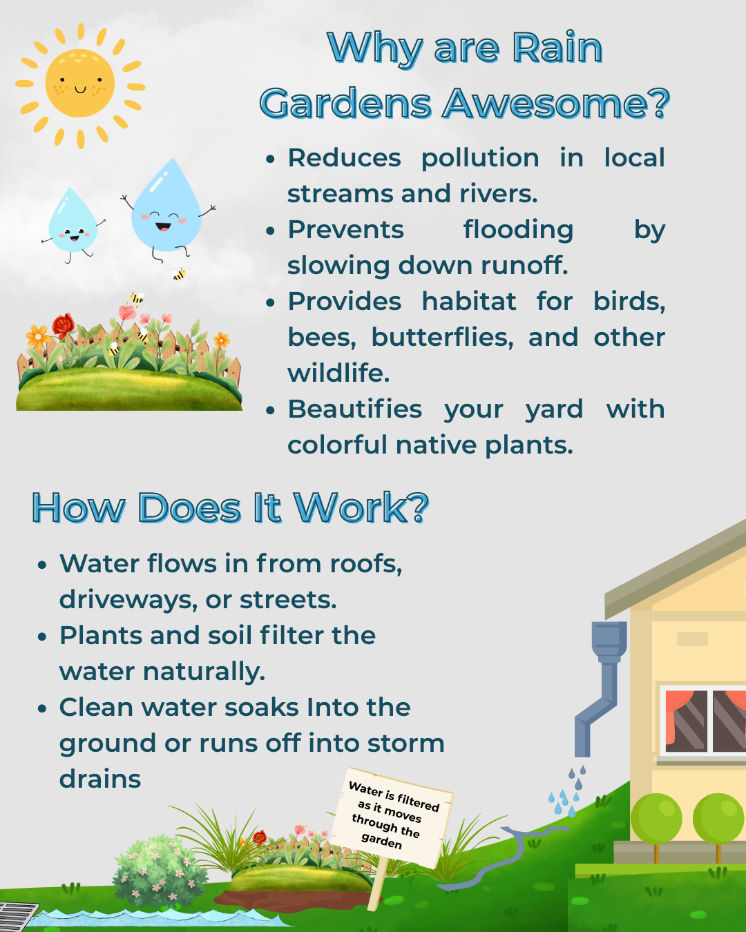 Benefits and working of rain gardens: reduce pollution, prevent flooding, support wildlife, and beautify yards by filtering water.