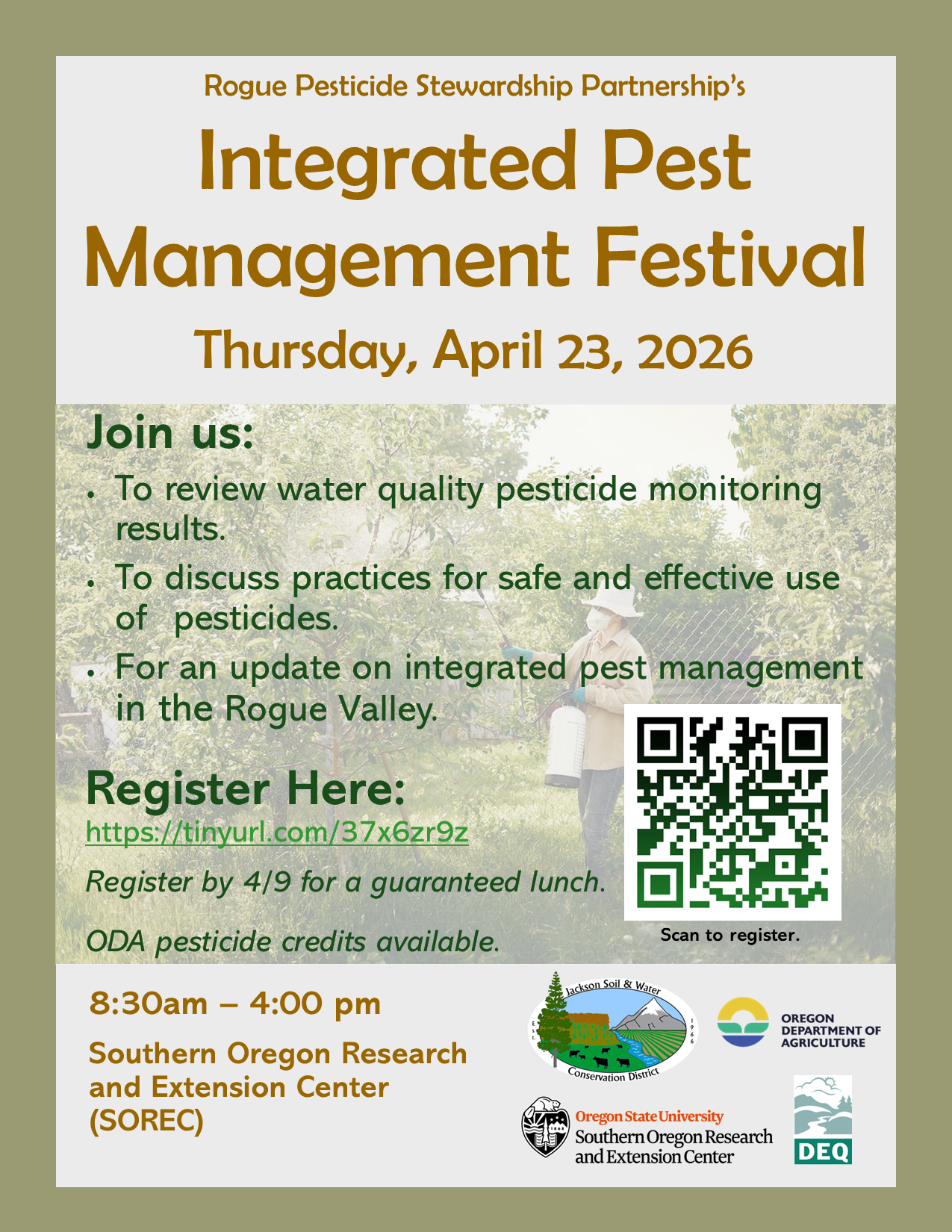 Join the Integrated Pest Management Festival on April 23, 2026, at SOREC to discuss pesticide practices and monitoring. Register by 4/9!