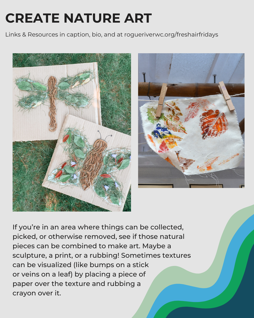 Nature art with leaves and materials on cardboard and fabric, promoting creativity using natural textures for sculptures and prints.