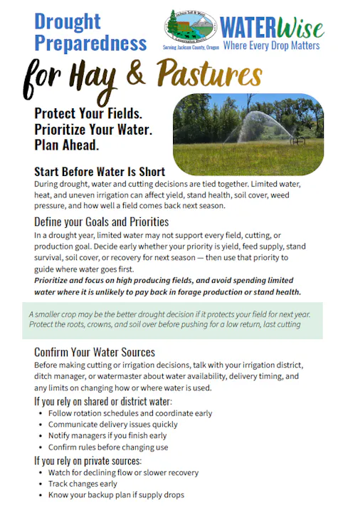 Guidelines for drought preparedness in hay and pastures. Focus on field priorities, water use, and planning ahead.