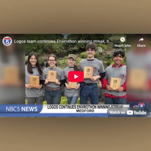 A group of five people holding awards, with NBC5 News reporting on their Envirothon winning streak in Medford.