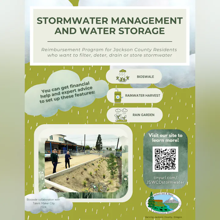 Stormwater management program for Jackson County with features like bioswale. Offers financial help. Visit site for details.