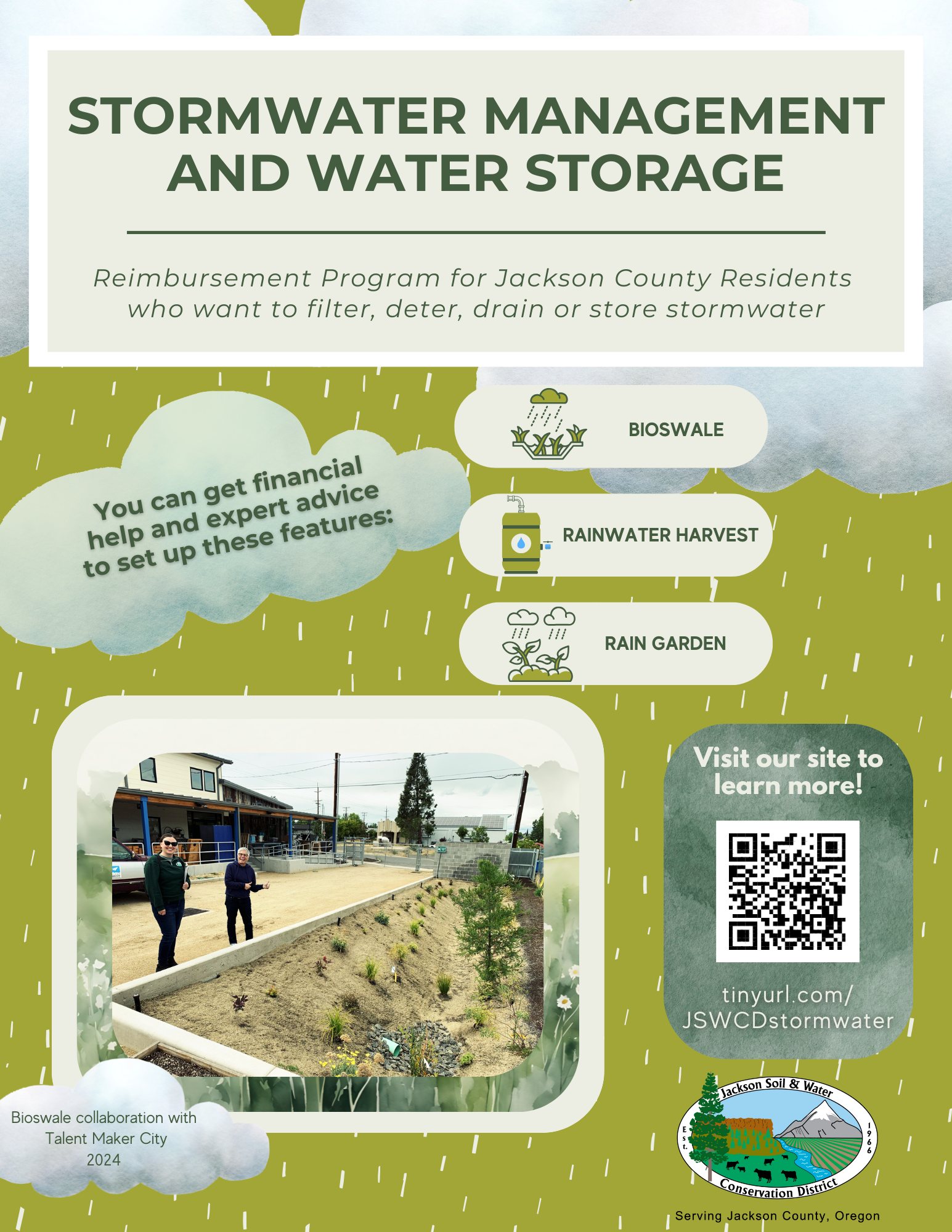 Stormwater management program for Jackson County with features like bioswale. Offers financial help. Visit site for details.