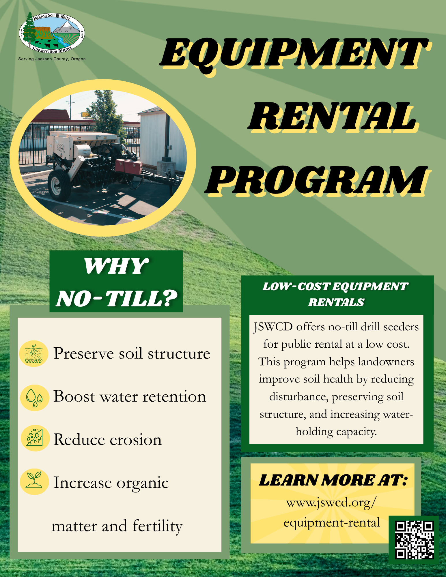 Equipment Rental Program for no-till farming by JSWCD; improves soil health, water retention, and structure. Learn more at www.jswcd.org.