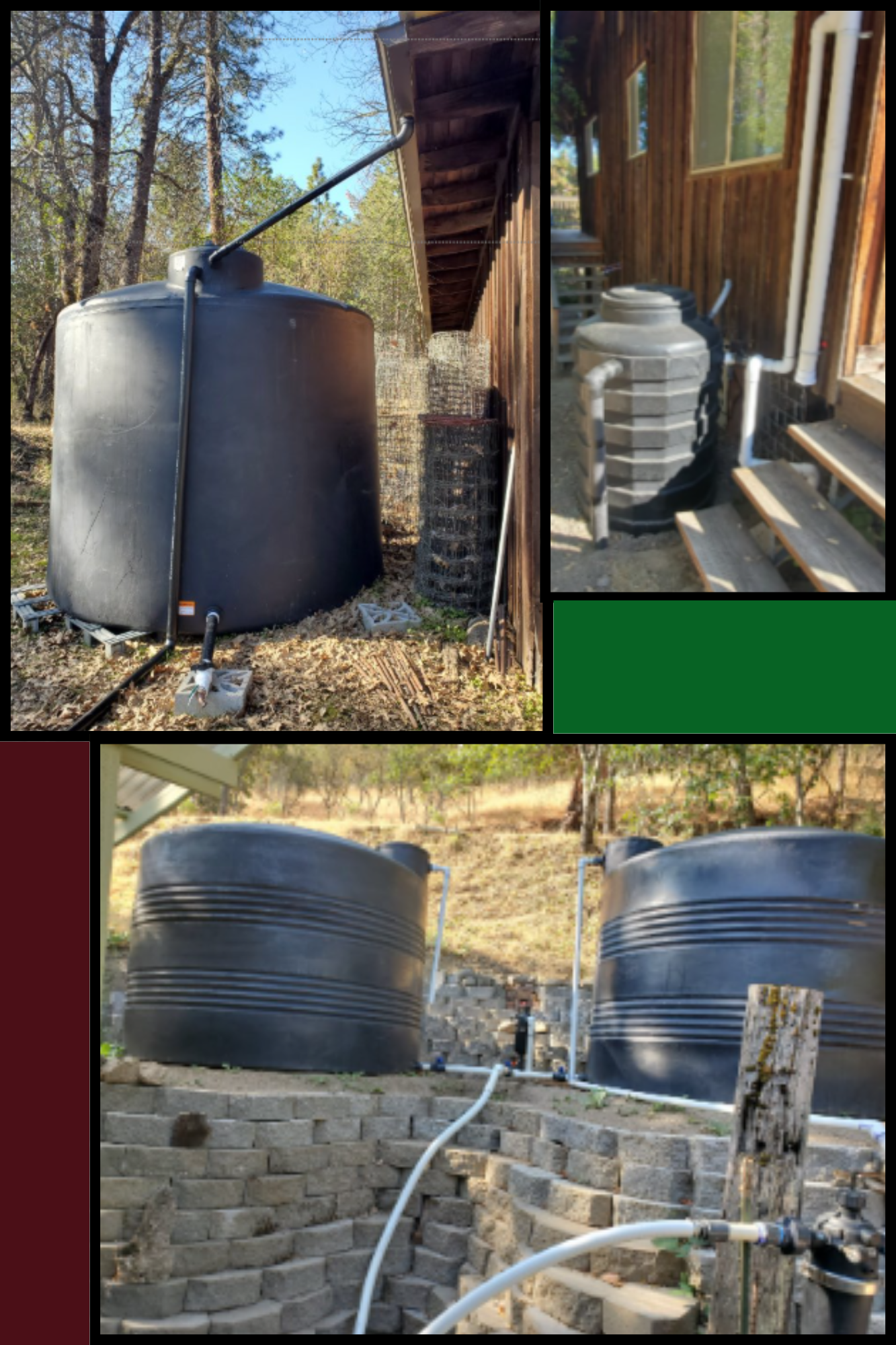 Multiple large black water tanks outdoors, connected to plumbing, near a wooded area and a building.