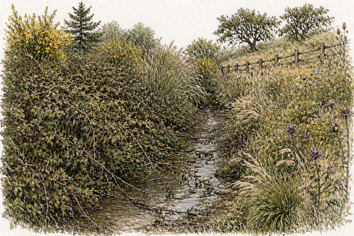Overgrown stream with invasive vegetation.